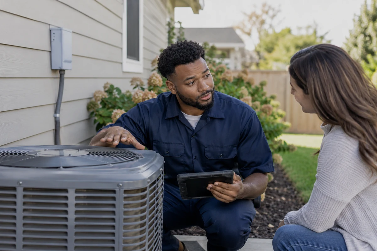 HVAC service technician inspecting residential heating and cooling equipment
