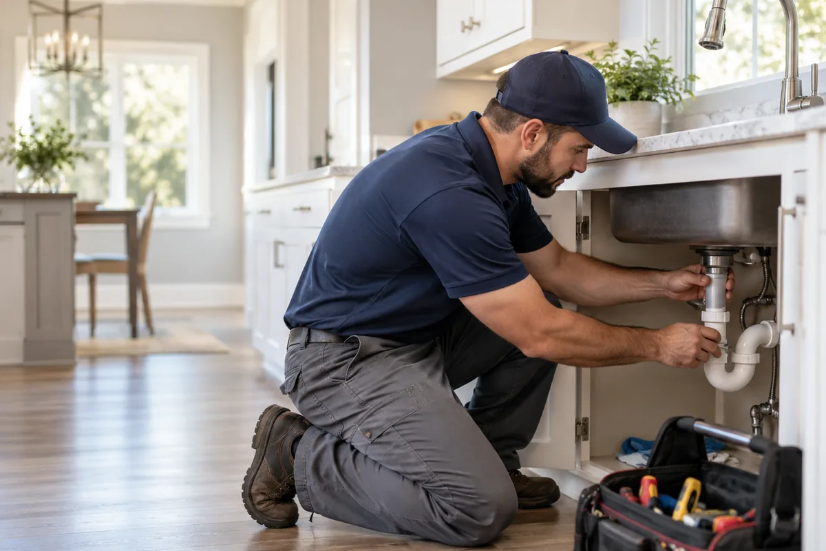 Plumbing professional repairing pipes beneath a residential kitchen sink